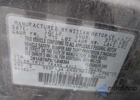 2013 Nissan Sentra Sv from USA, damaged, VIN 3N1AB7APXDL648394